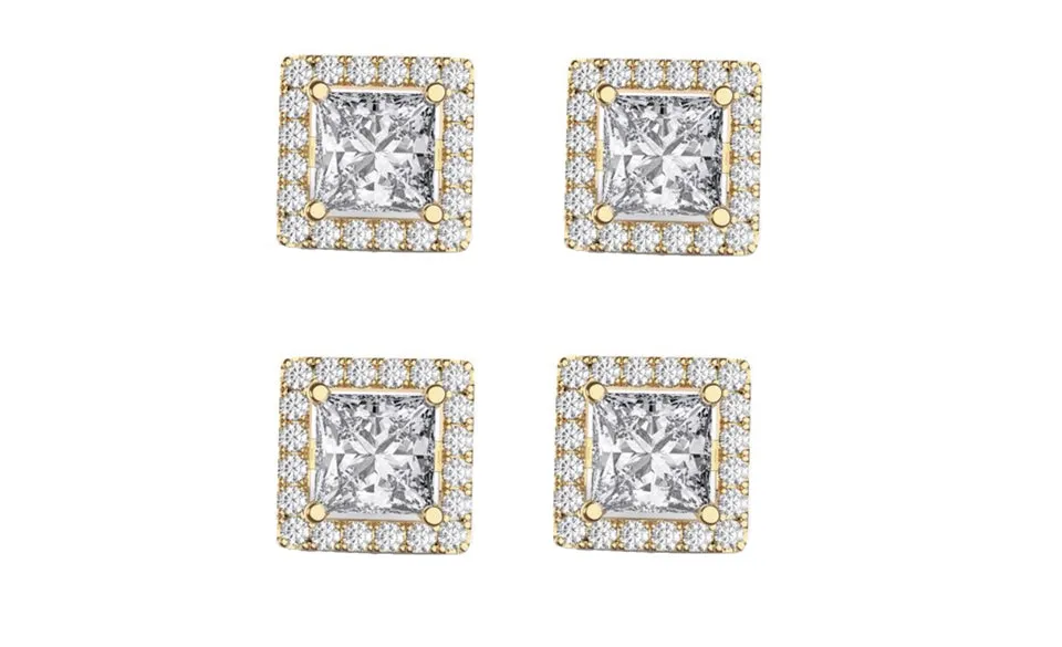 18k Yellow Gold Plated 1/2Ct Square Cut White Sapphire Set of Two Halo Stud Earrings