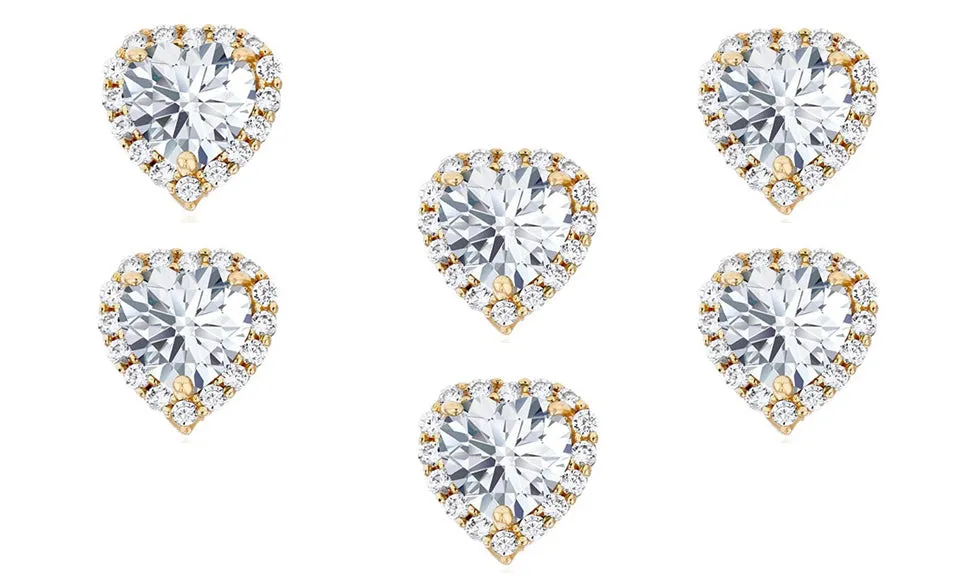 18k Yellow Gold Plated 4Ct Heart White Sapphire Set of Three Halo Stud Earrings