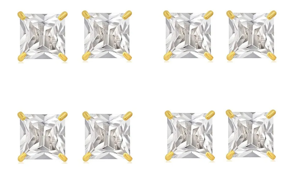 18k Yellow Gold Plated 4mm 1/2Ct Square Cut White Sapphire Set Of Four Stud Earrings