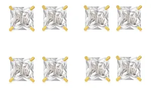 18k Yellow Gold Plated 4mm 1/2Ct Square Cut White Sapphire Set Of Four Stud Earrings