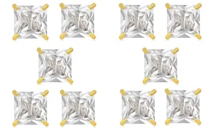 18k Yellow Gold Plated 4mm 2Ct Square Cut White Sapphire Set Of Five Stud Earrings