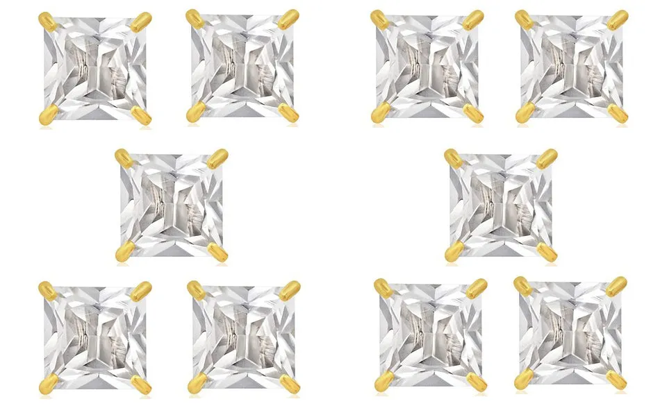 18k Yellow Gold Plated 4mm 2Ct Square Cut White Sapphire Set Of Five Stud Earrings