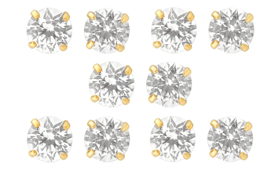 18k Yellow Gold Plated 6mm 1/2Ct Round White Sapphire Set Of Five Stud Earrings