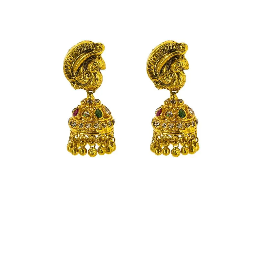 22K Yellow Gold Uncut Diamond Laxmi Necklace & Jhumki Earrings Set W/ 12.05ct Uncut Diamonds, Rubies, Emeralds & Drop Pearls