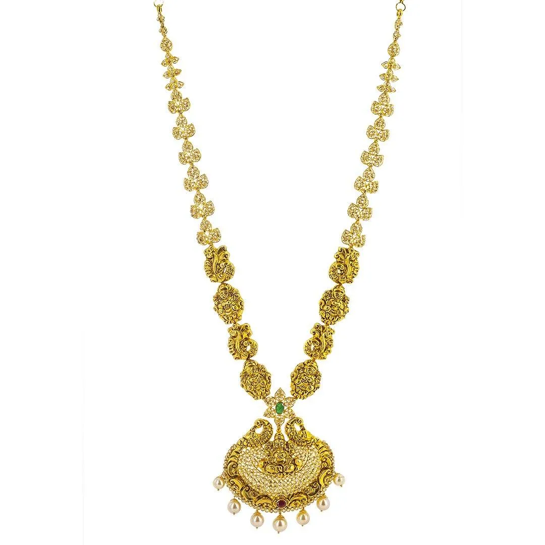 22K Yellow Gold Uncut Diamond Laxmi Necklace & Jhumki Earrings Set W/ 12.05ct Uncut Diamonds, Rubies, Emeralds & Drop Pearls