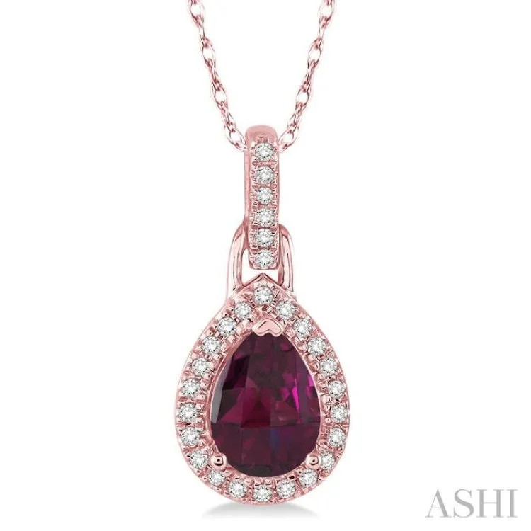 7x5 MM Pear Shape Rhodolite Garnet and 1/10 ctw Round Cut Diamond Pendant in 10K Rose Gold with Chain