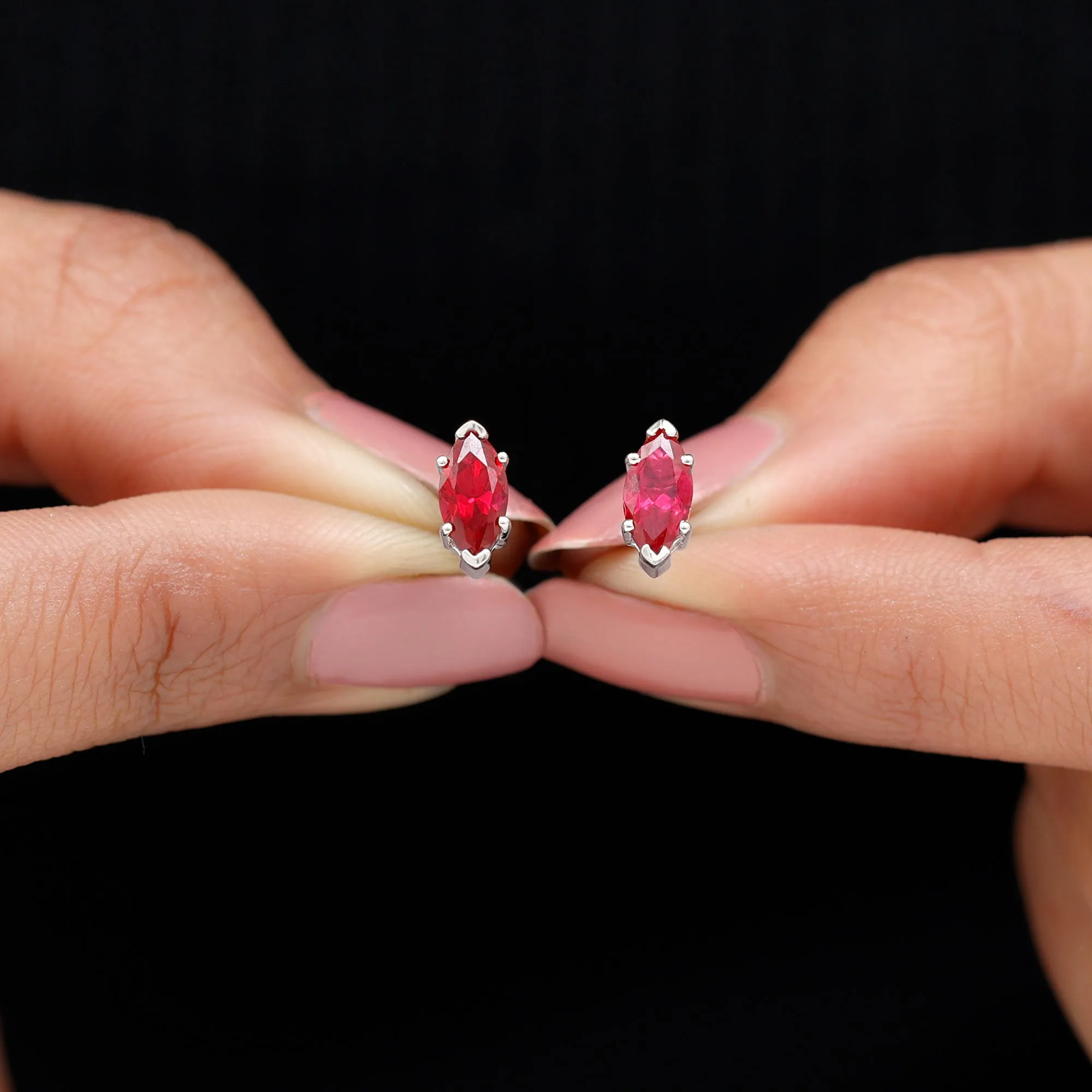 8X4 MM Marquise Cut Created Ruby Solitaire Stud Earring