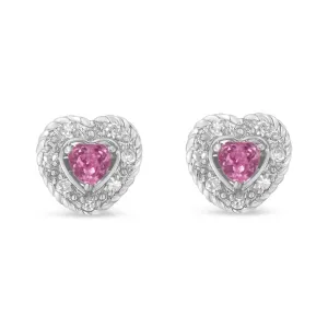 .925 Sterling Silver, Created Pink Sapphire, & Diamond-Accented 5/8" Heart-Shaped Rope Stud Earrings (I-J Color, I2-I3 Clarity)