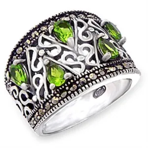 Alamode Antique Tone 925 Sterling Silver Ring with Synthetic Spinel in Peridot