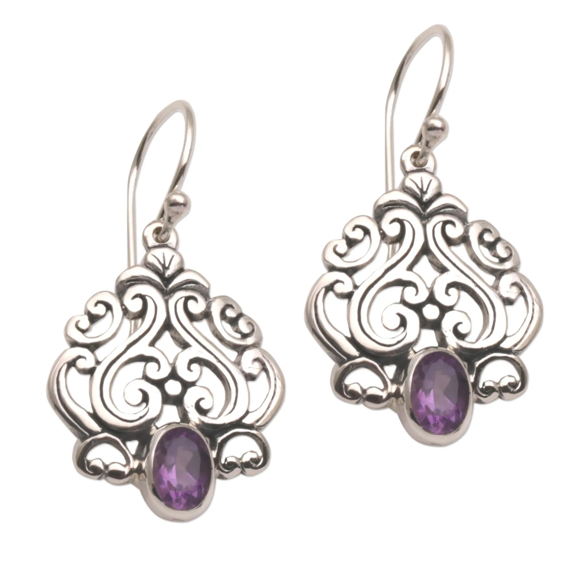 Amethyst and Sterling Silver Dangle Earrings from Bali - Jeweled Mystery | NOVICA