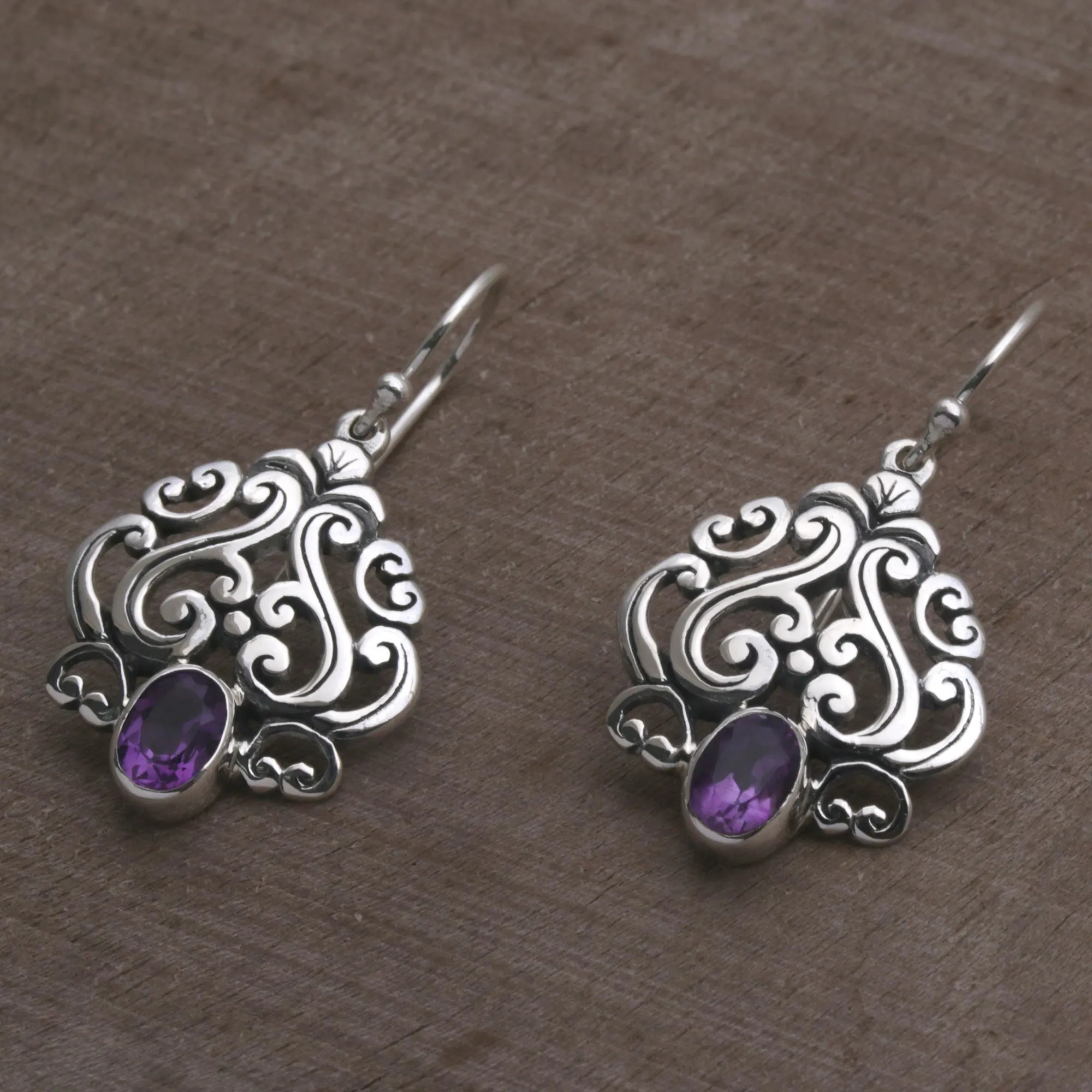 Amethyst and Sterling Silver Dangle Earrings from Bali - Jeweled Mystery | NOVICA