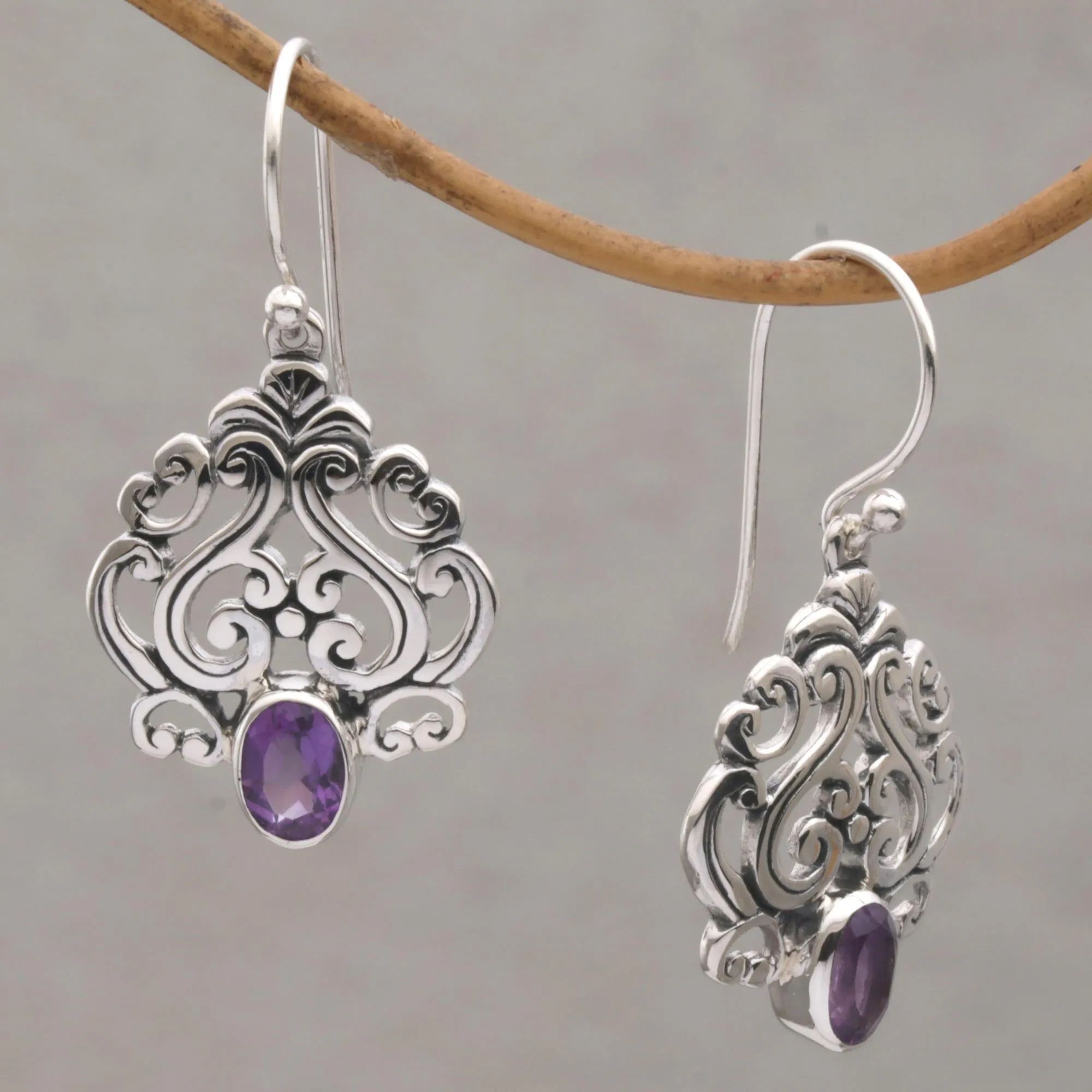 Amethyst and Sterling Silver Dangle Earrings from Bali - Jeweled Mystery | NOVICA