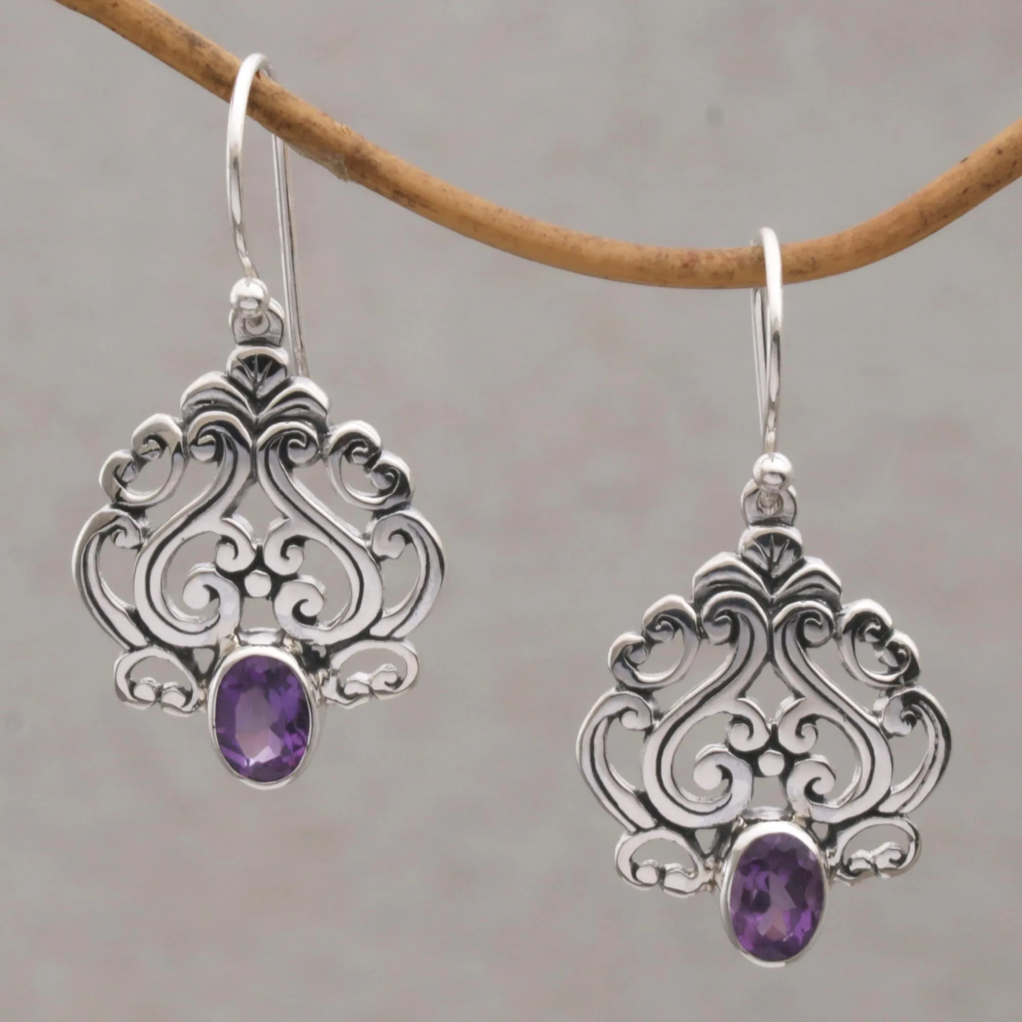 Amethyst and Sterling Silver Dangle Earrings from Bali - Jeweled Mystery | NOVICA