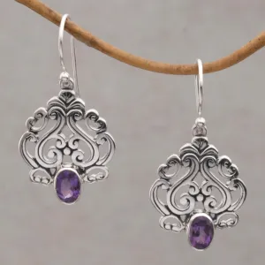 Amethyst and Sterling Silver Dangle Earrings from Bali - Jeweled Mystery | NOVICA