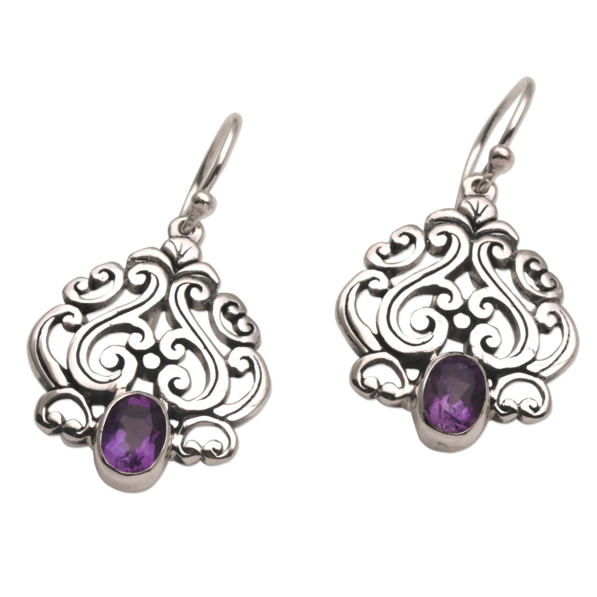 Amethyst and Sterling Silver Dangle Earrings from Bali - Jeweled Mystery | NOVICA