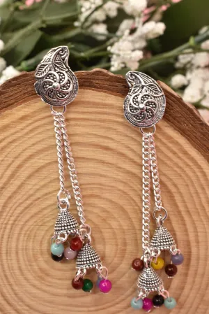 Antique Oxidized Silver Sui Dhaga Tasseled Earrings