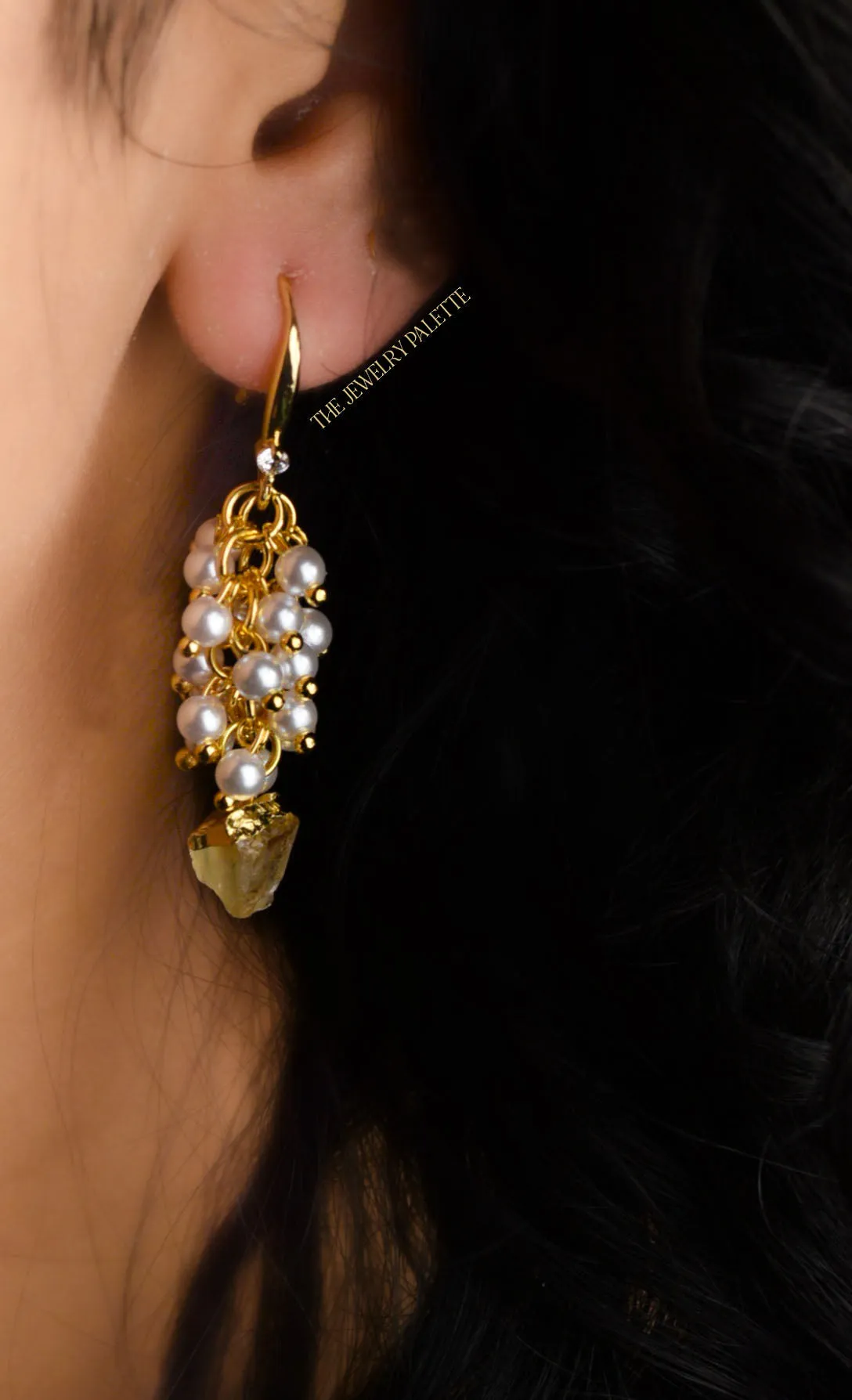 Asna white pearl cluster with gold edged citrine drop earrings