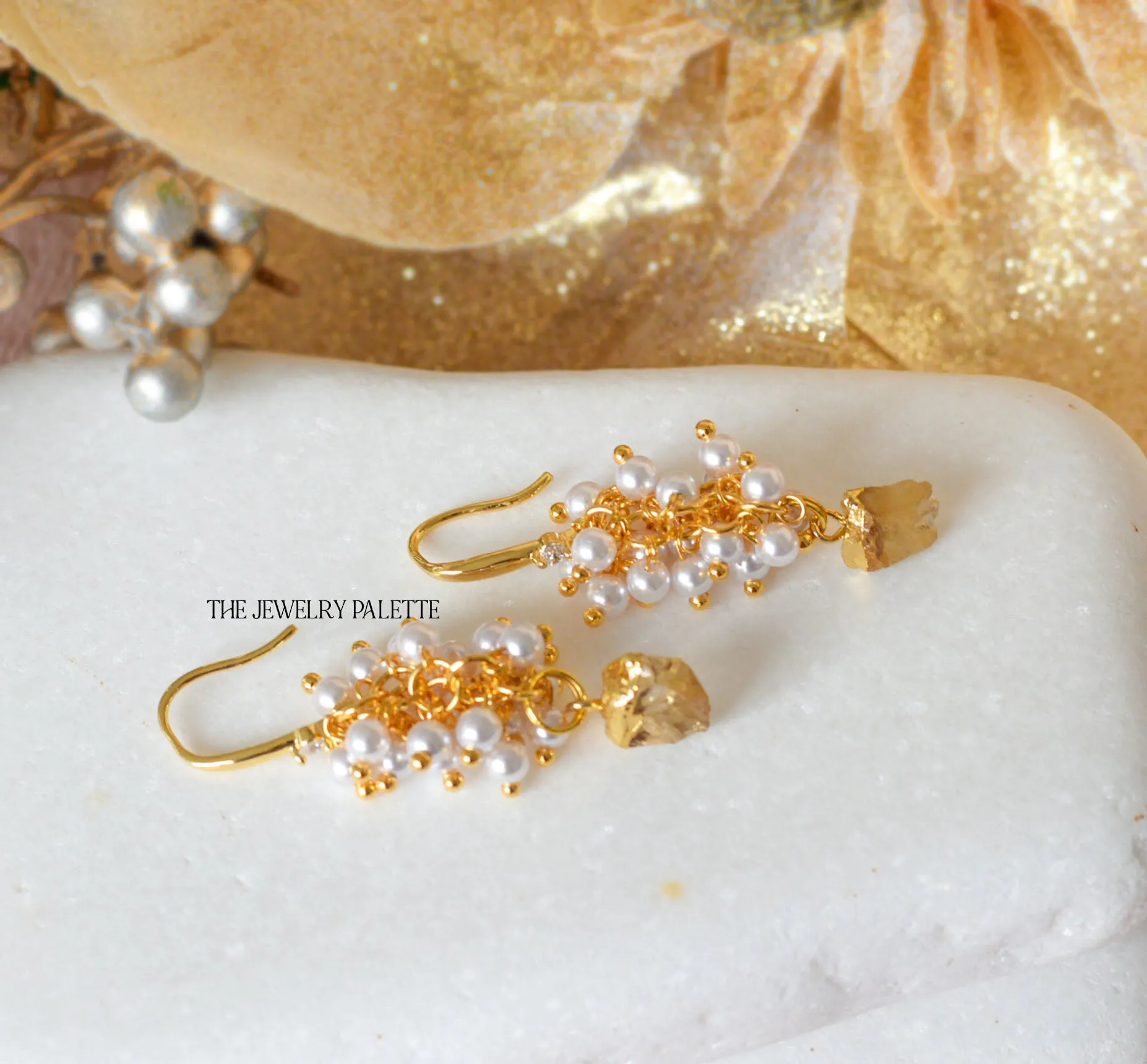 Asna white pearl cluster with gold edged citrine drop earrings