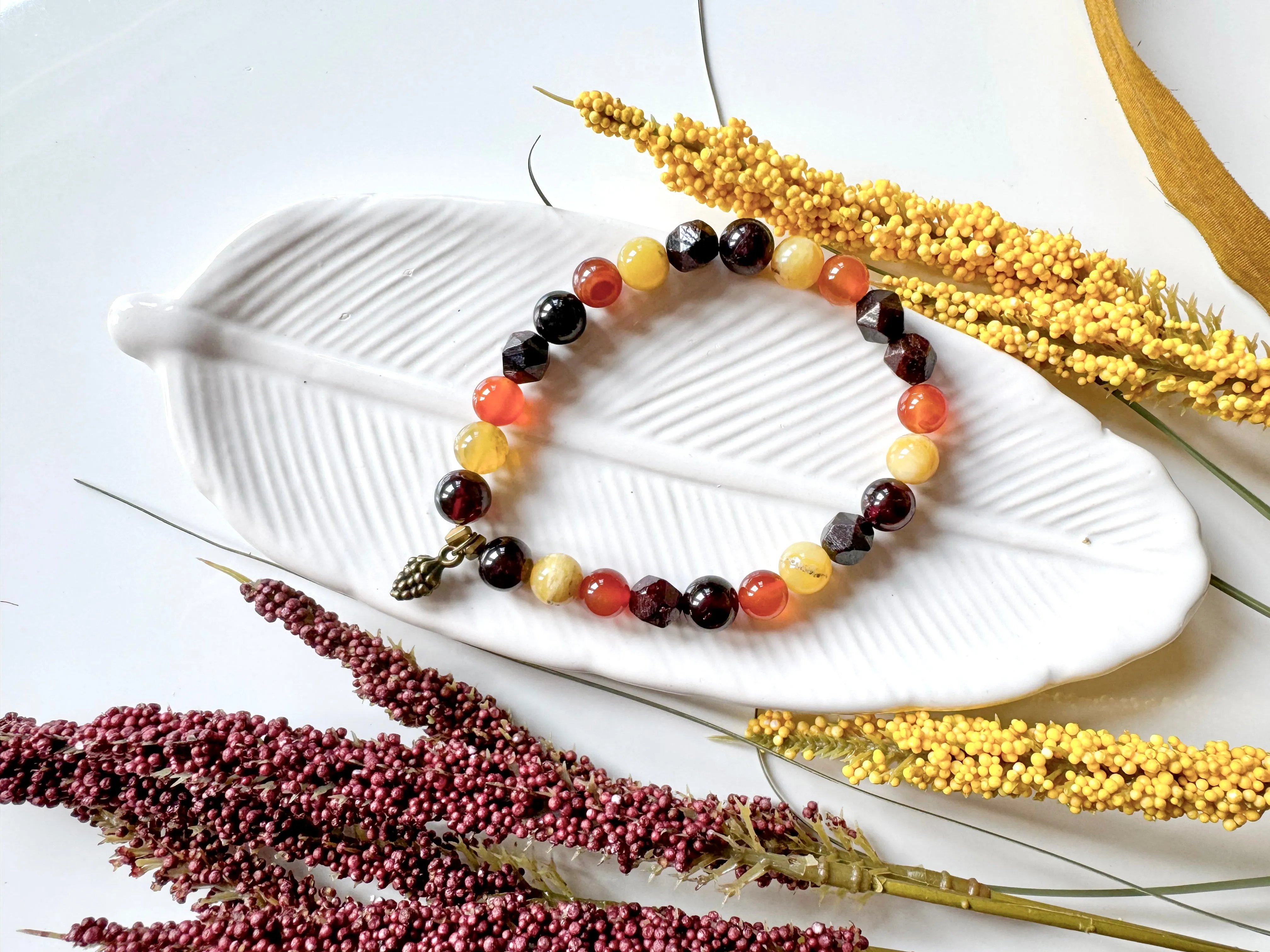 Autumn Equinox Carnelian, Garnet, Yellow Opal Beaded Bracelet || Reiki Infused