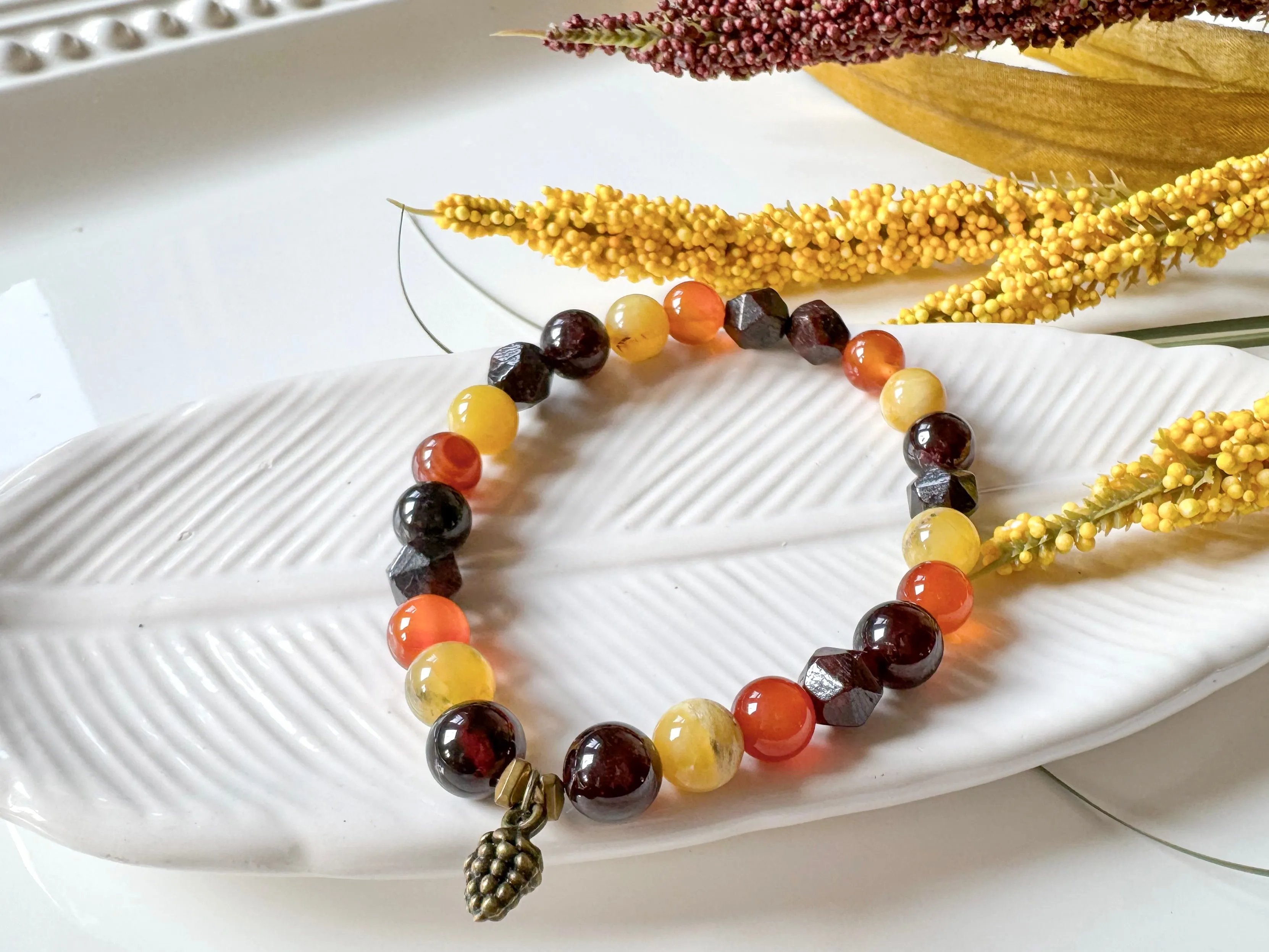 Autumn Equinox Carnelian, Garnet, Yellow Opal Beaded Bracelet || Reiki Infused