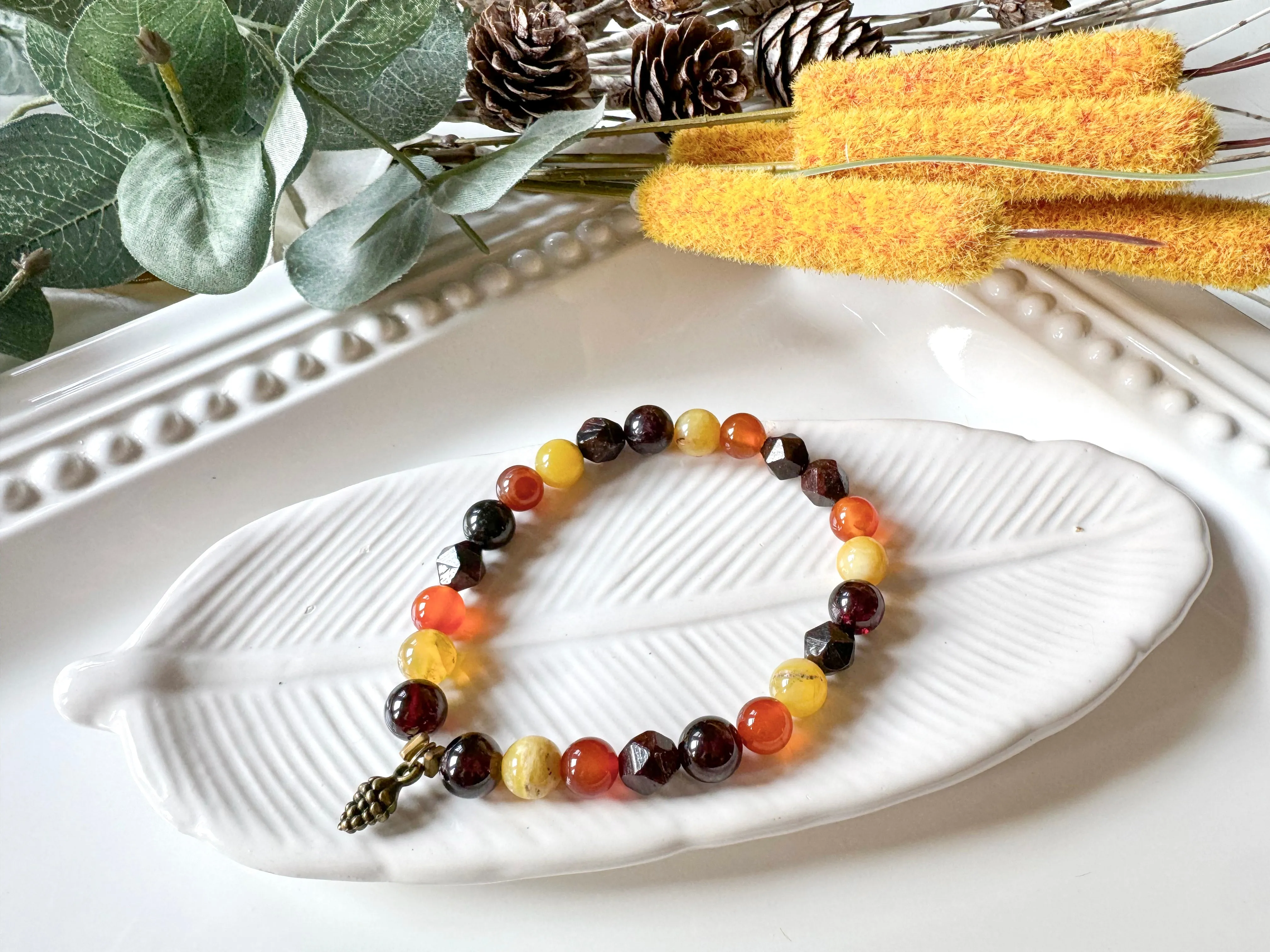 Autumn Equinox Carnelian, Garnet, Yellow Opal Beaded Bracelet || Reiki Infused