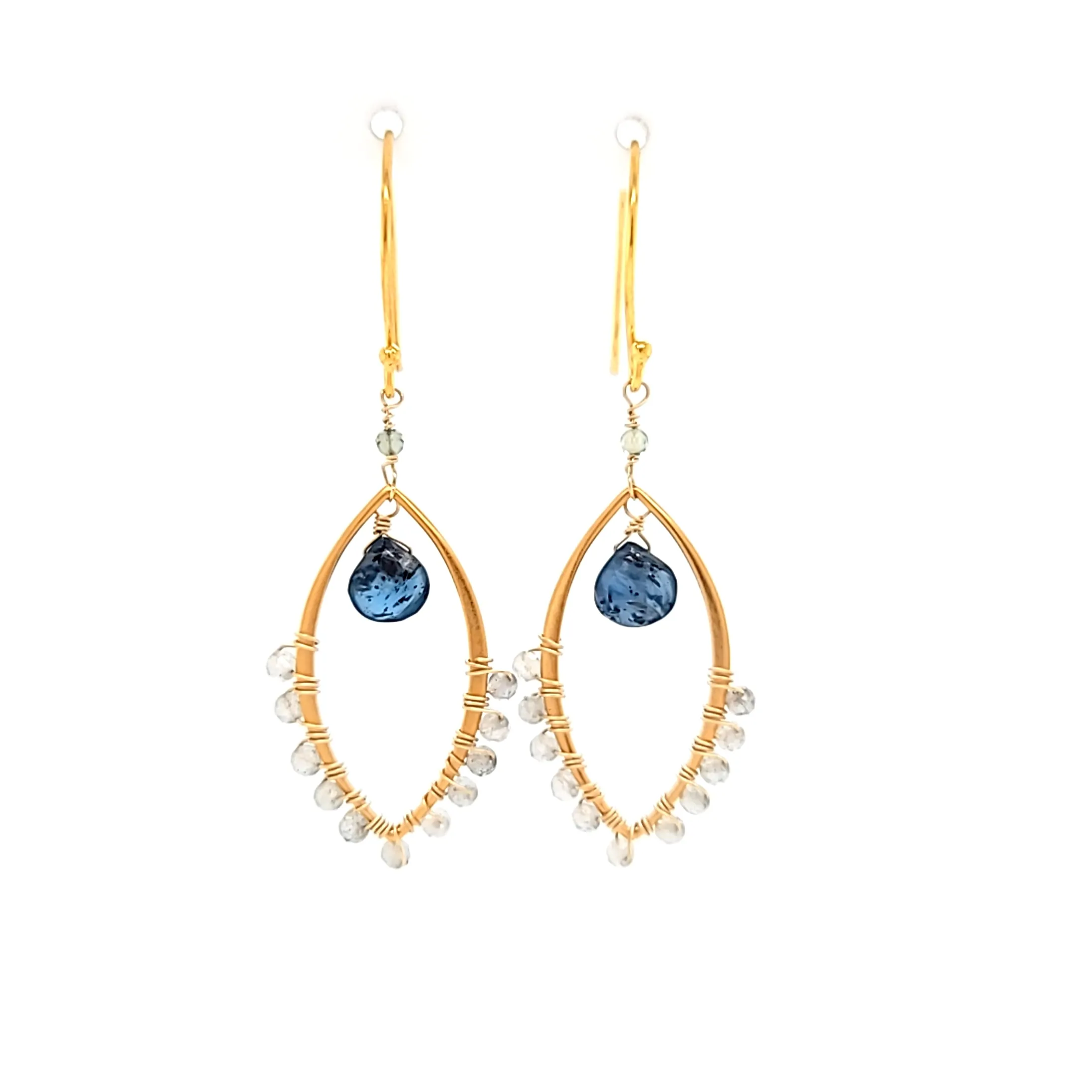 AVF Gold Beaded Labradorite & Kyanite Drop Marquise Shaped Dangle Earrings (SI3769)