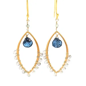 AVF Gold Beaded Labradorite & Kyanite Drop Marquise Shaped Dangle Earrings (SI3769)