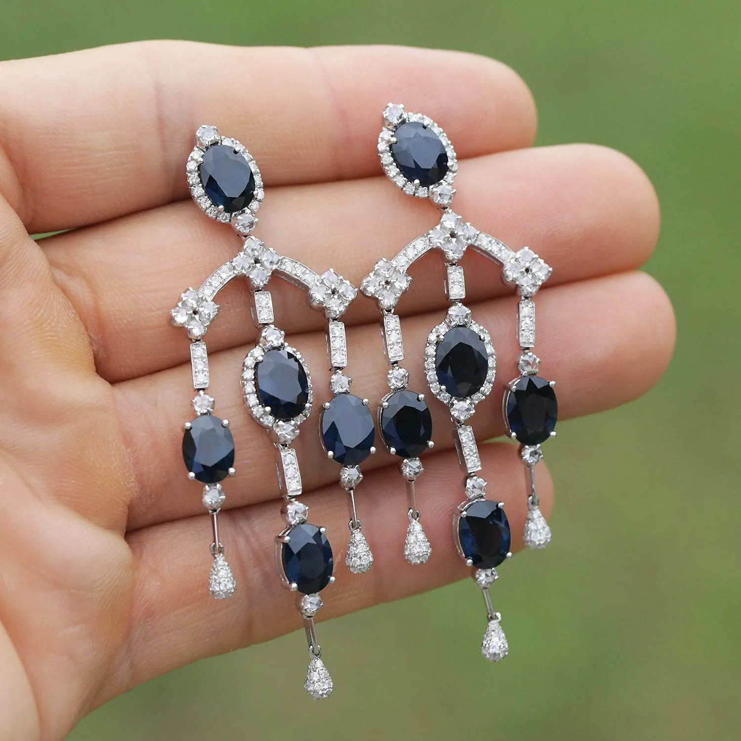 Blue Sapphire Chandelier Earrings with Diamonds 18K 17.40ctw