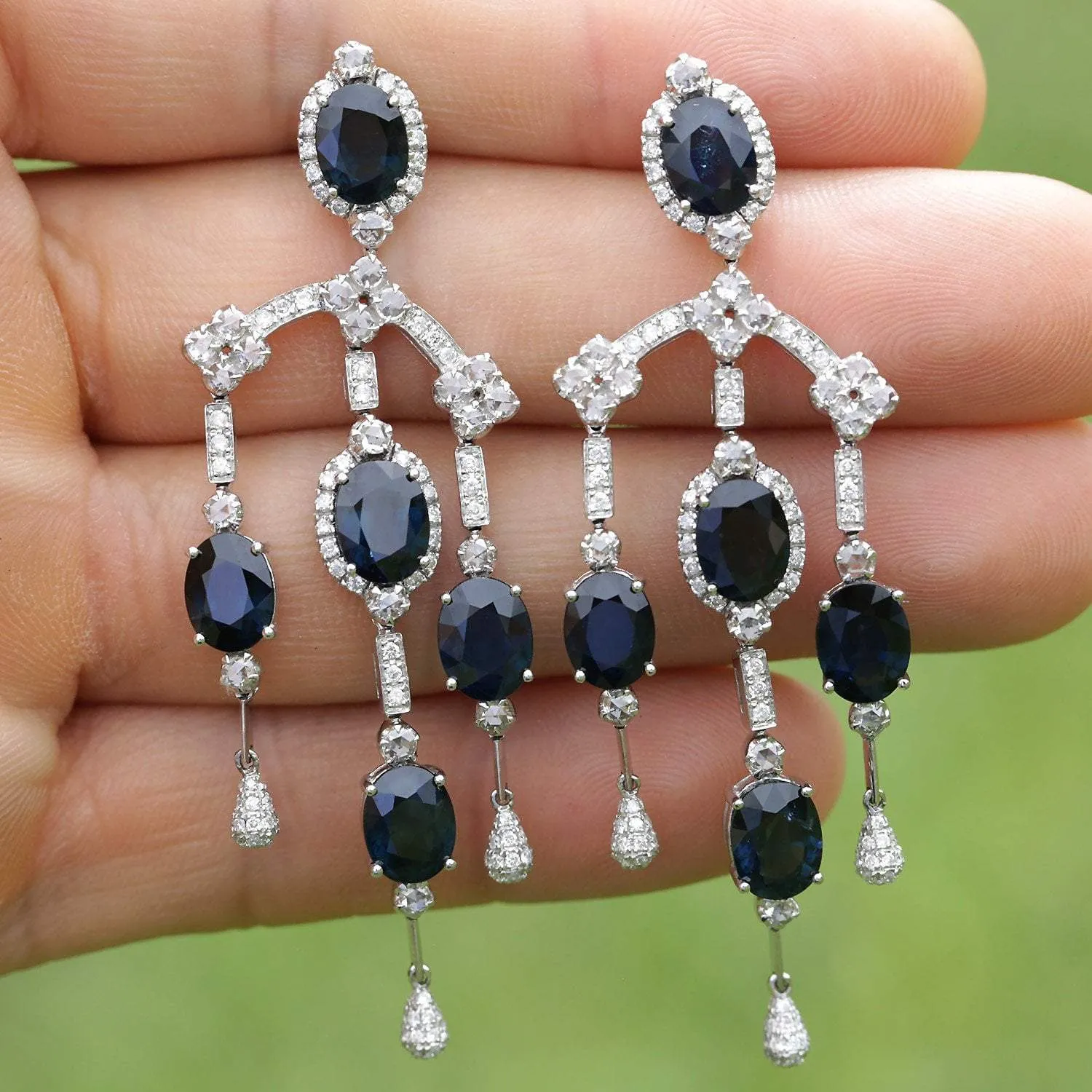 Blue Sapphire Chandelier Earrings with Diamonds 18K 17.40ctw