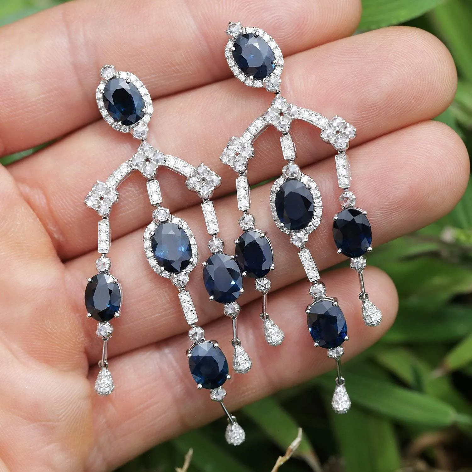 Blue Sapphire Chandelier Earrings with Diamonds 18K 17.40ctw