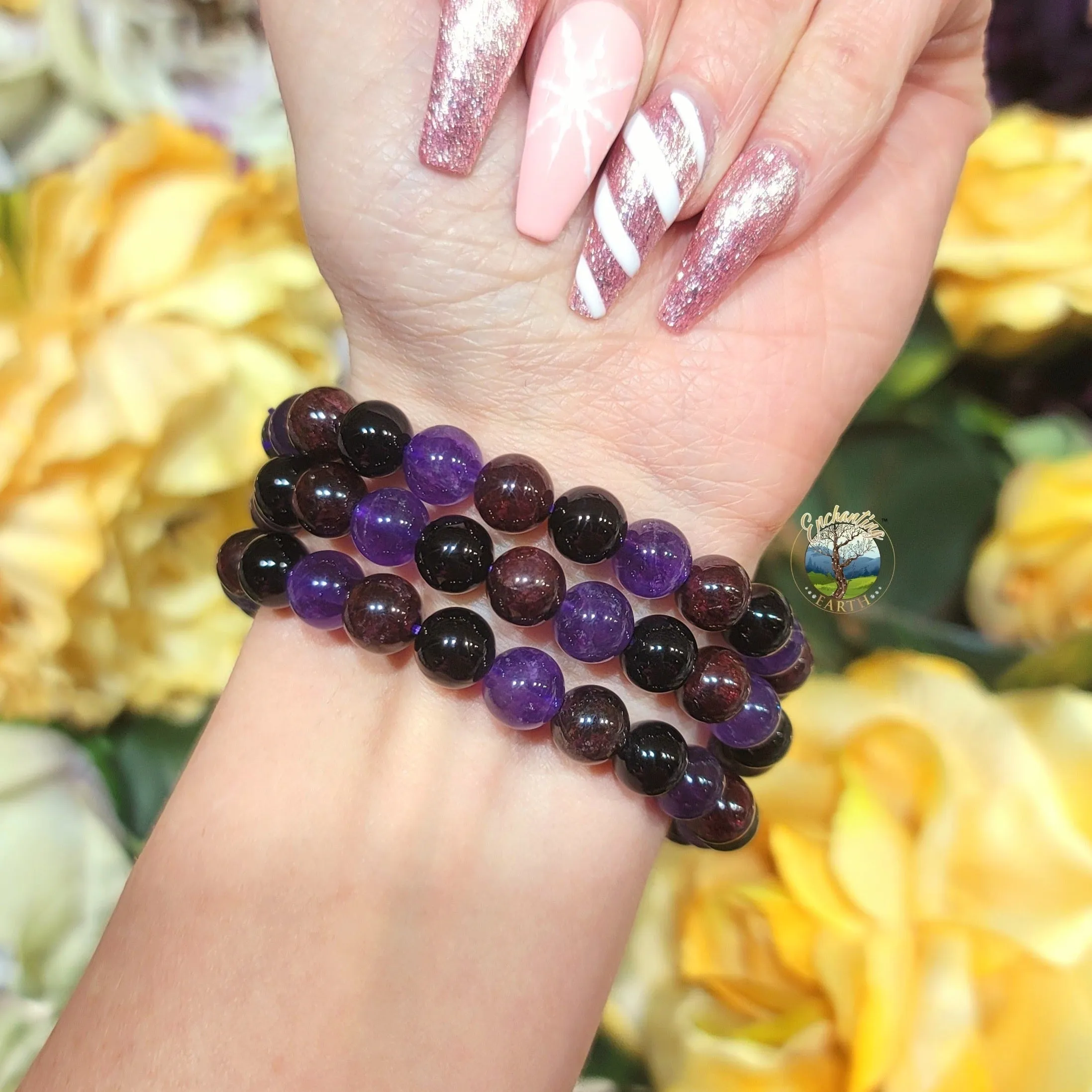 Capricorn Bracelet (Amethyst, Black Onyx & Garnet) *High Quality* for Good Luck, Grounding & Protection