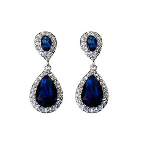 Classic Drop Design With 2 Center Sapphire Color CZ Brass Earrings