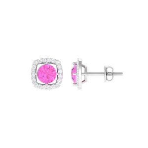 Classic Pink Sapphire and Diamond Halo Stud Earrings