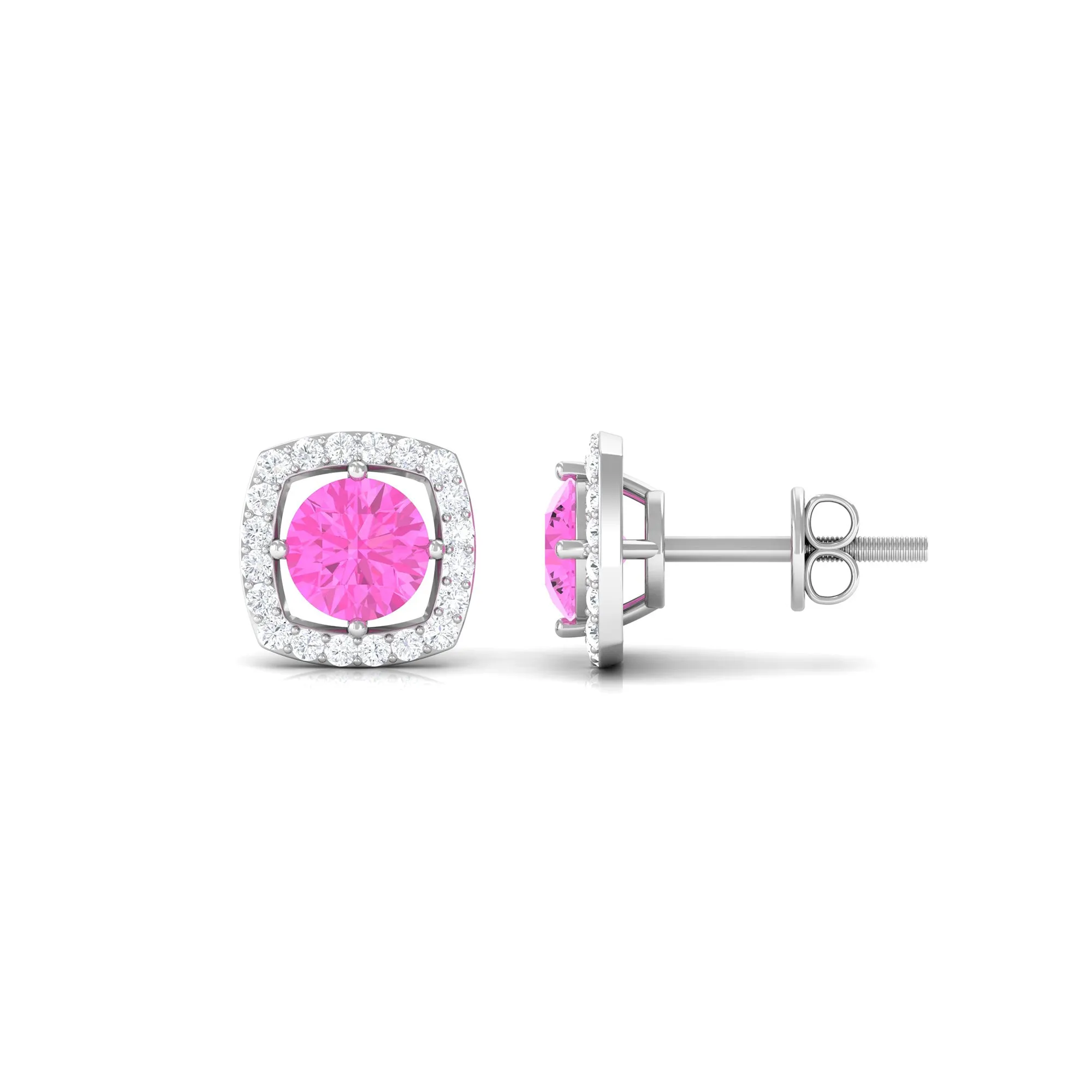 Classic Pink Sapphire and Diamond Halo Stud Earrings