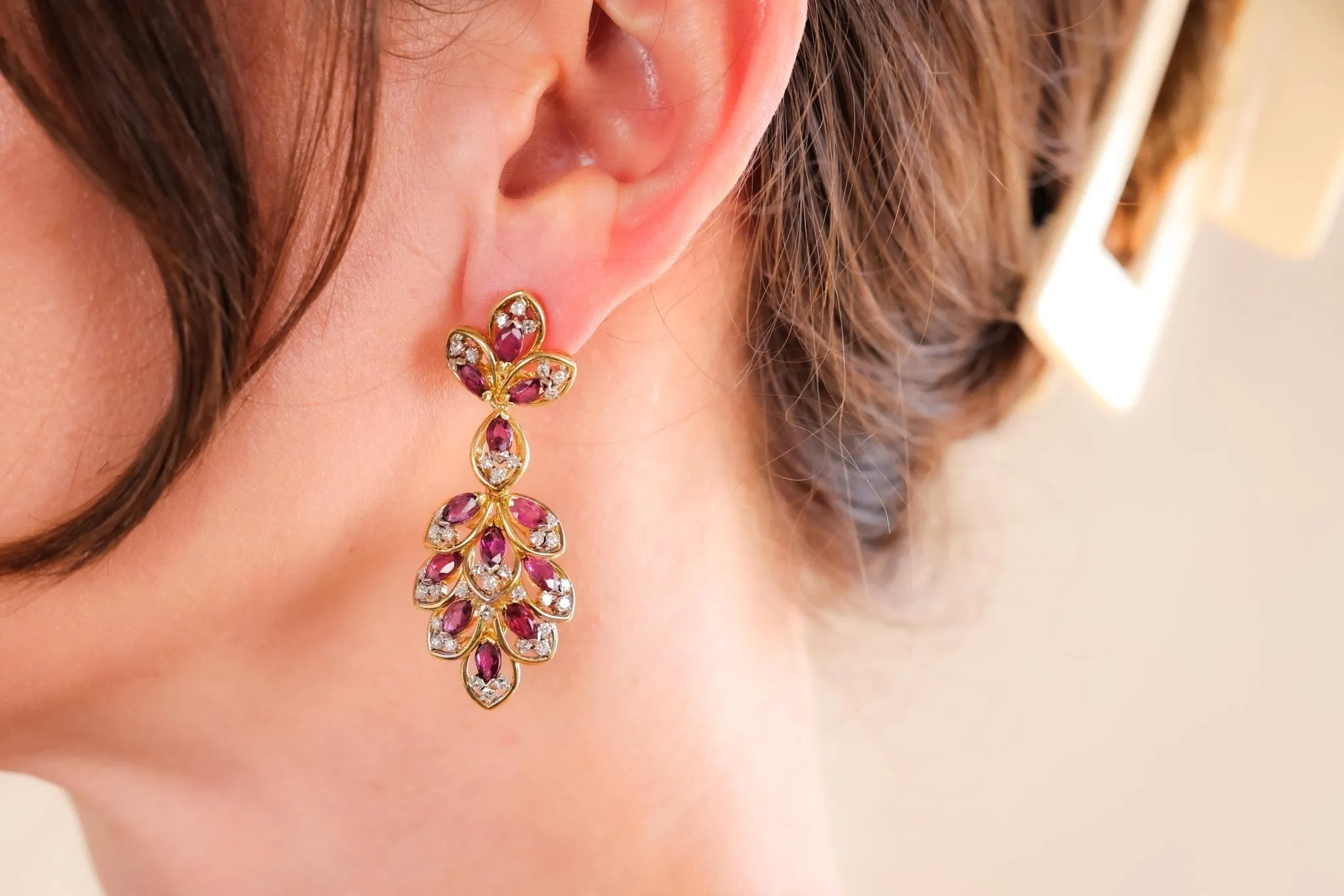 Contemporary 7.05 Carat Marquise Ruby Diamond 18K Yellow Gold Dangle Earrings