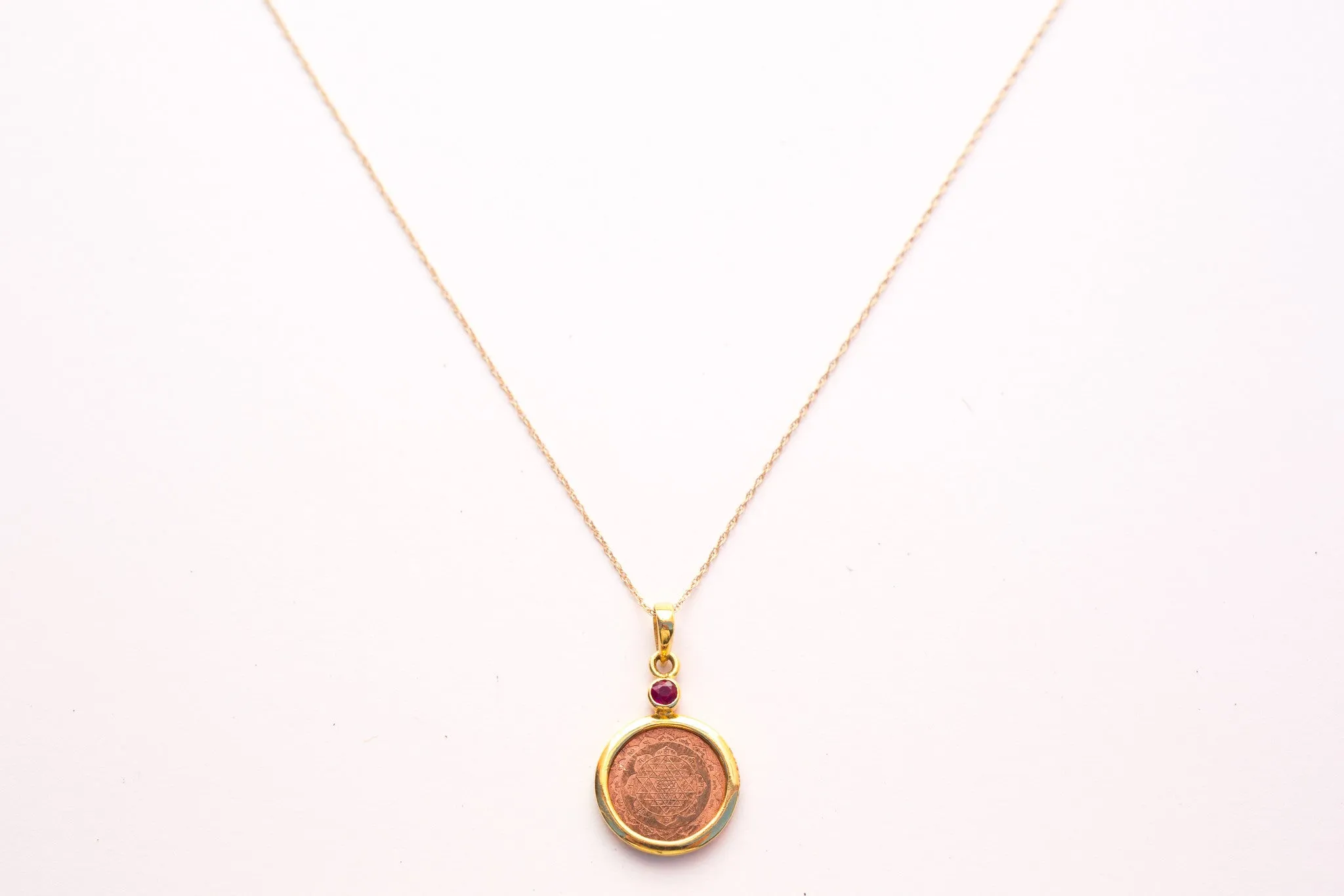 Copper with 14Kt Gold Mounted with Ruby Sri Yantra 18" Pendant Necklace