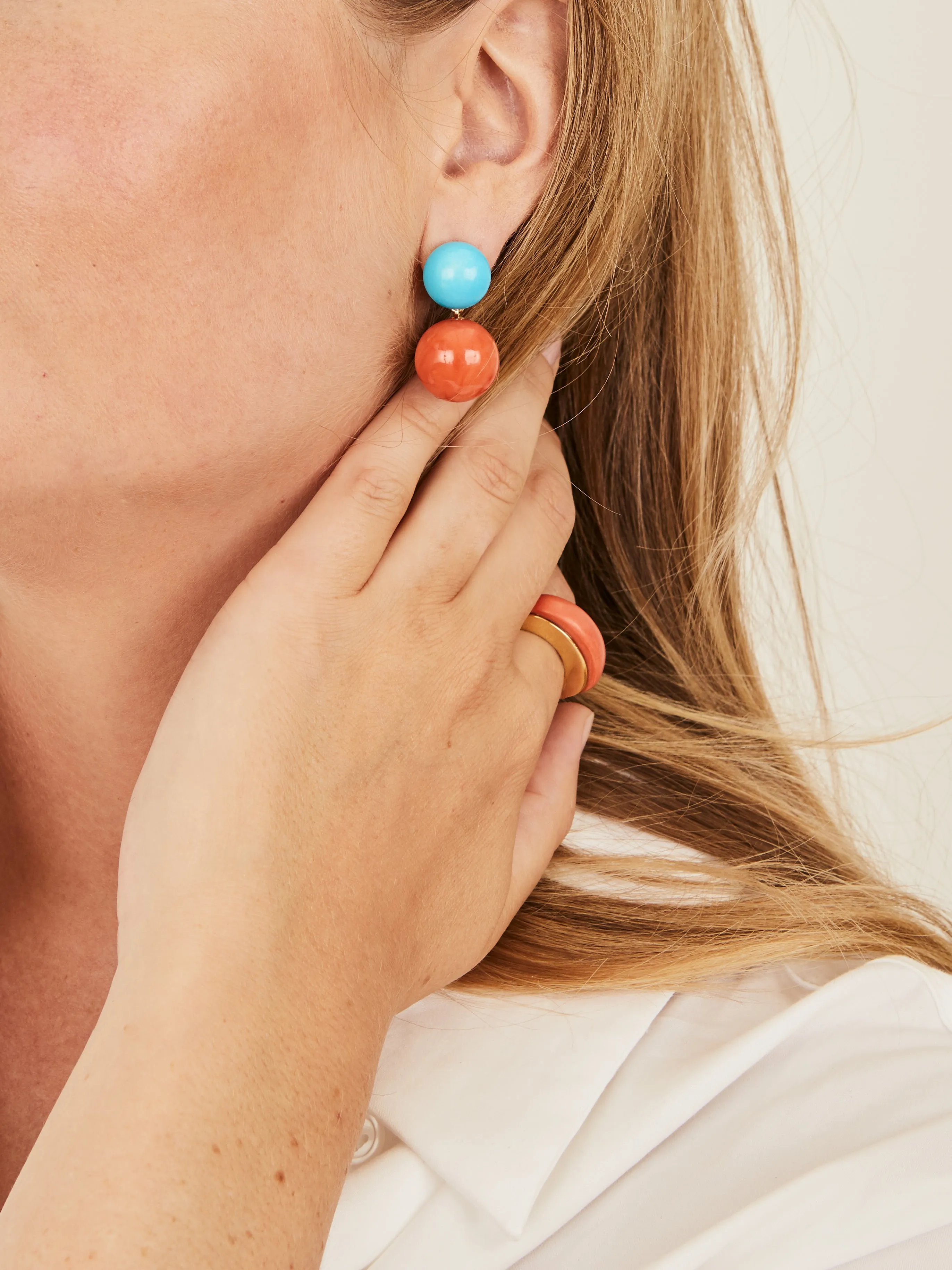 Coral and turquoise bouton earclips