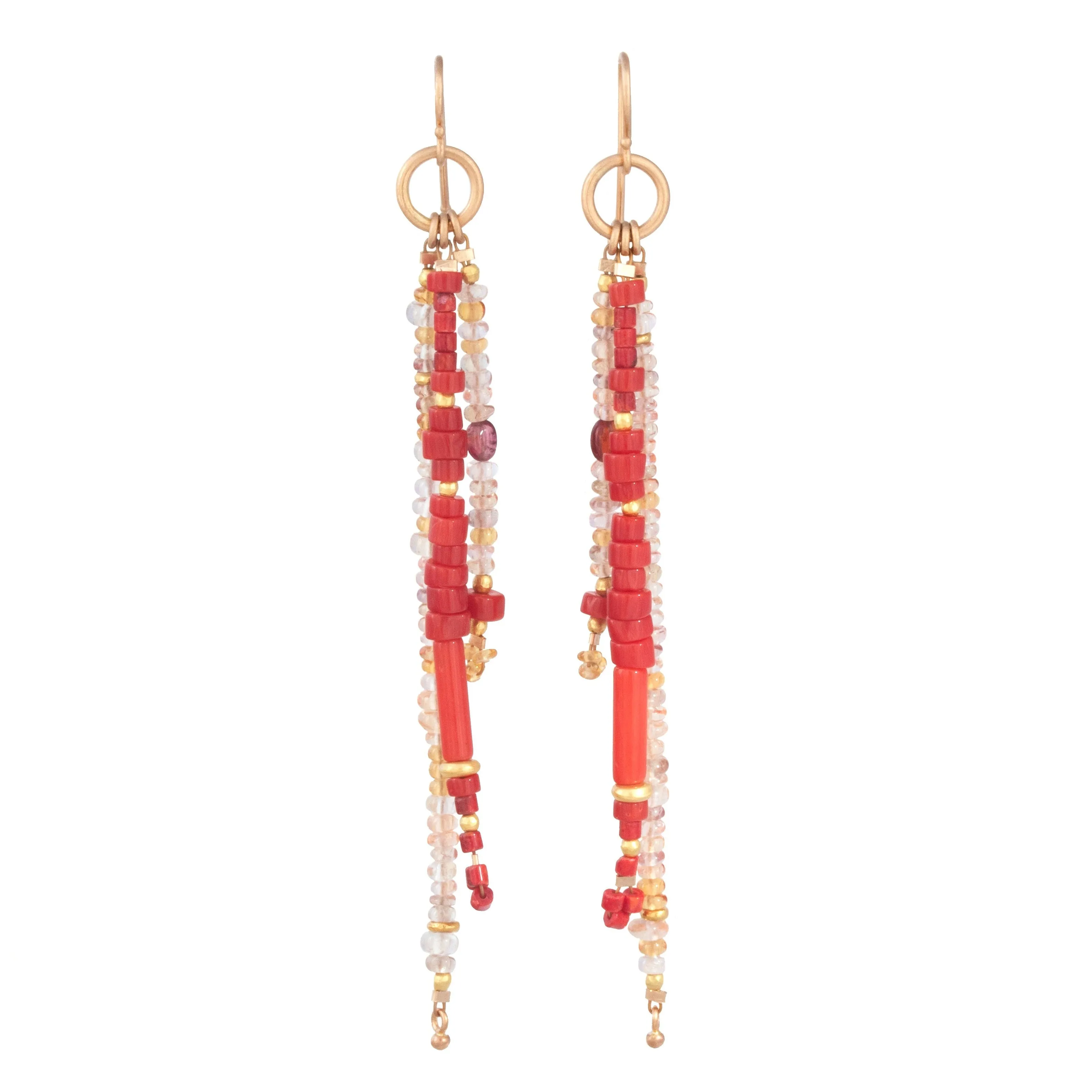 Coral, Montana Sapphire, Spinel, Orange Sapphire & High Karat Gold Dangle Earrings