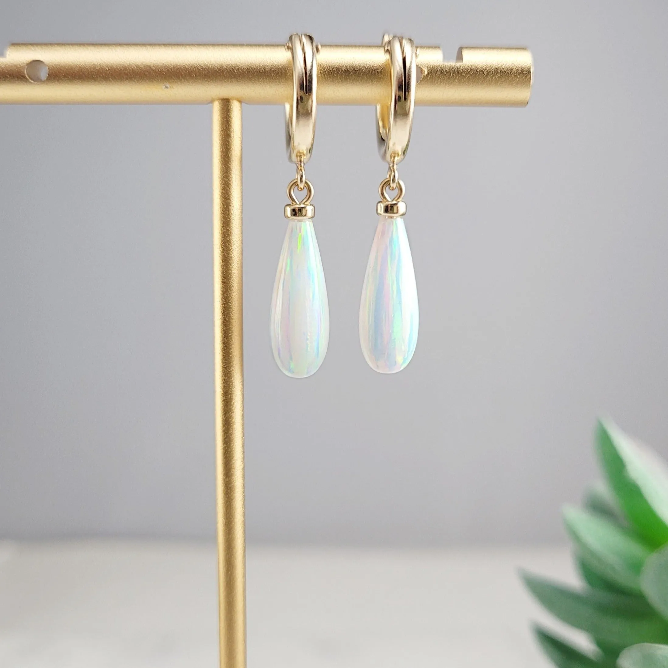 Dainty White Opal Hoop Huggie Earrings
