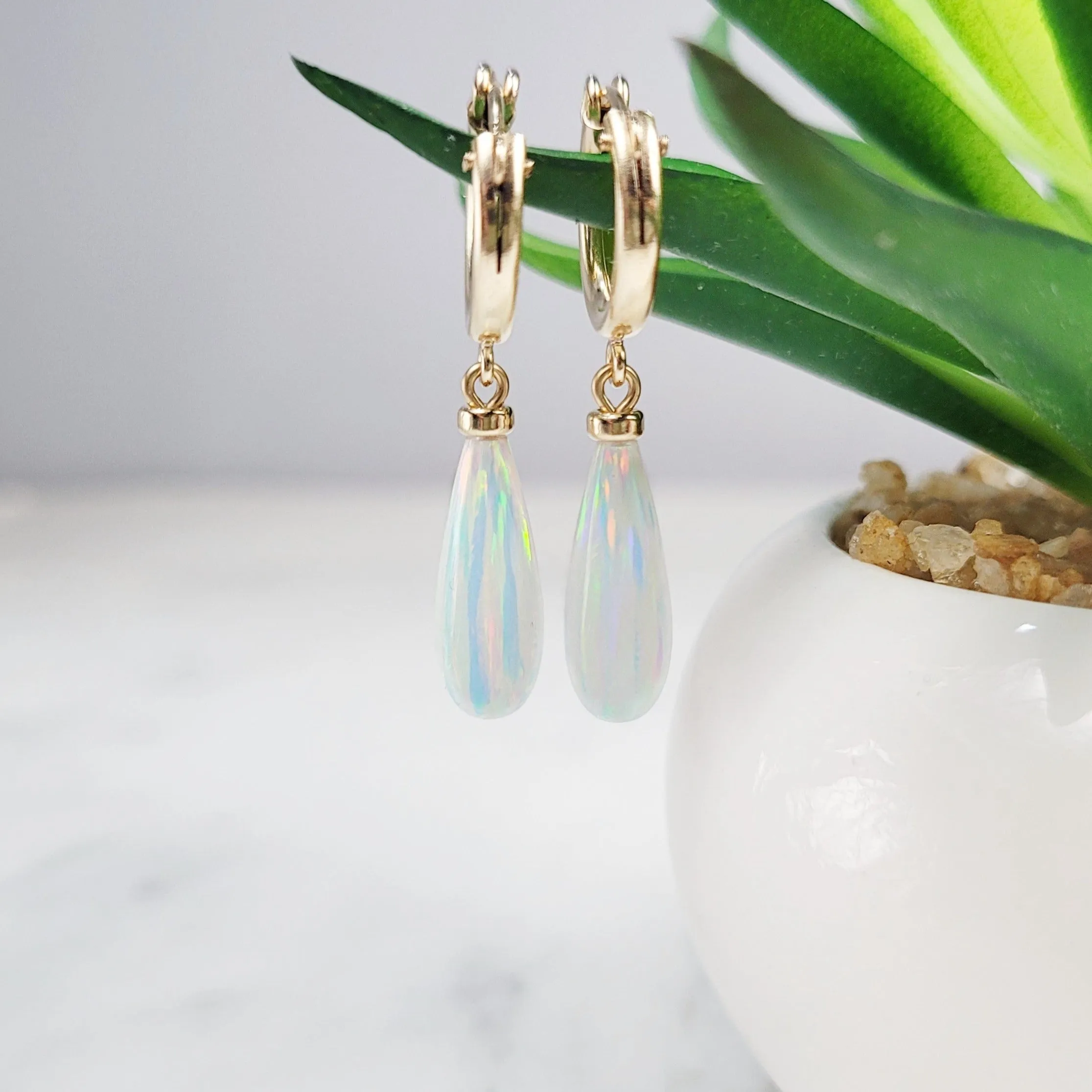Dainty White Opal Hoop Huggie Earrings