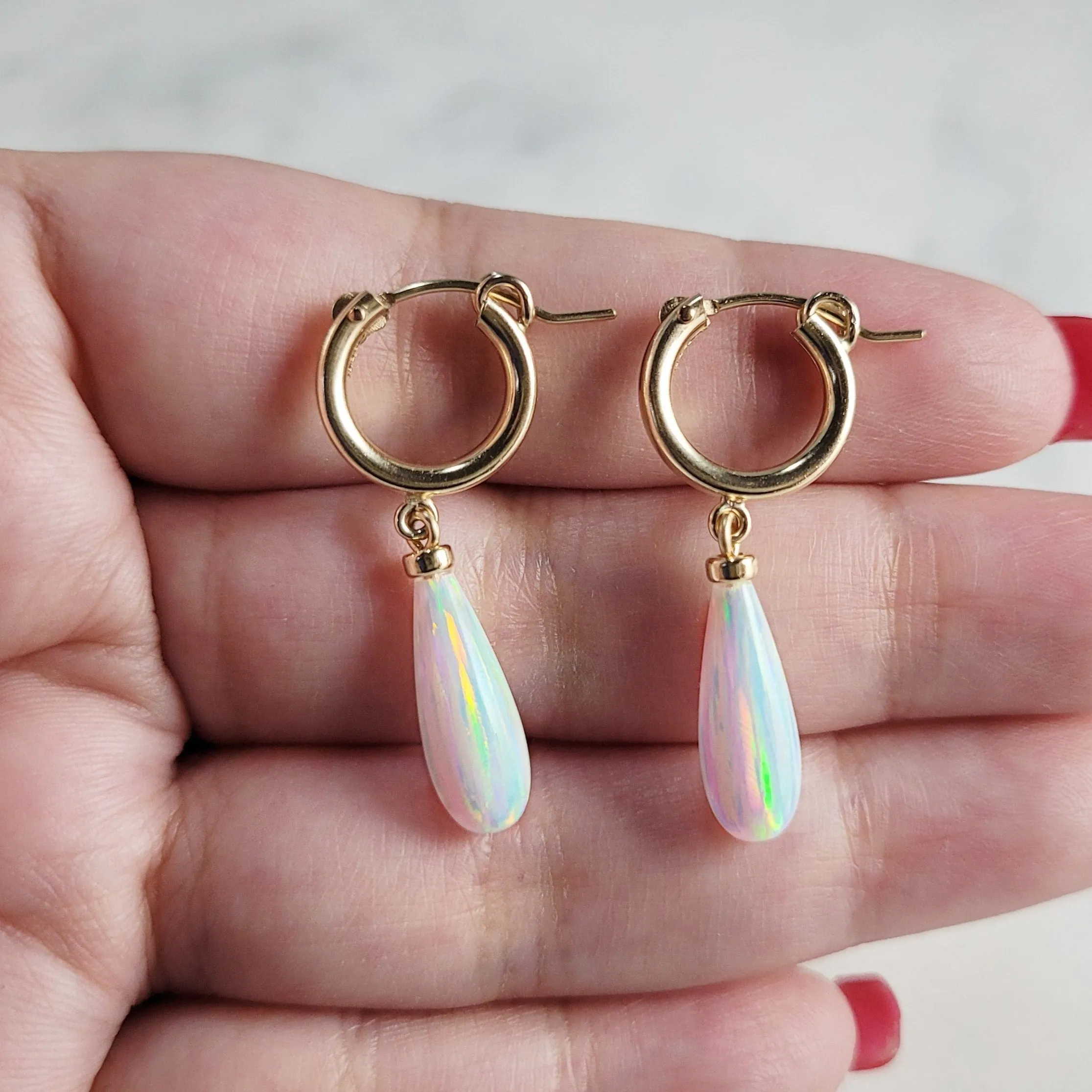 Dainty White Opal Hoop Huggie Earrings