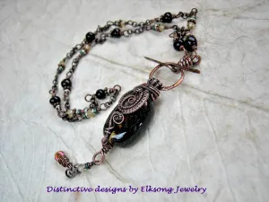 Dark Honey Necklace, Lampwork Glass, Black Amber & Copper