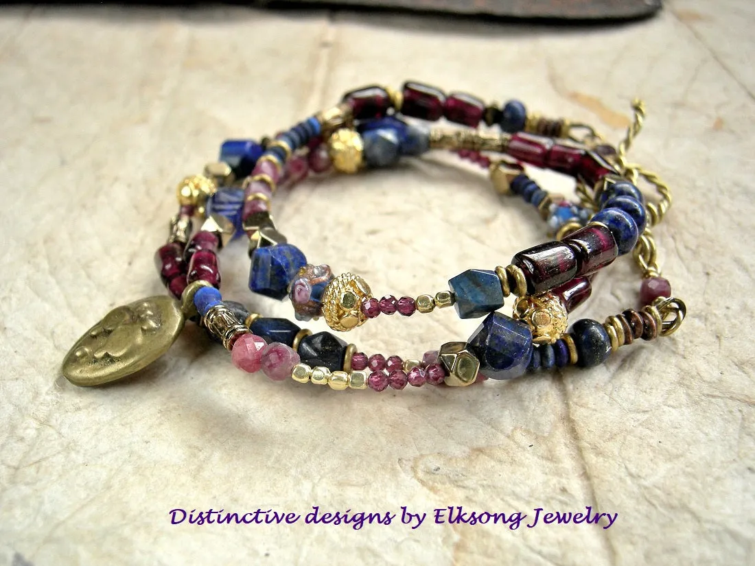 Decadence, Lapis, Garnet & Gold Wrap Bracelet/Necklace