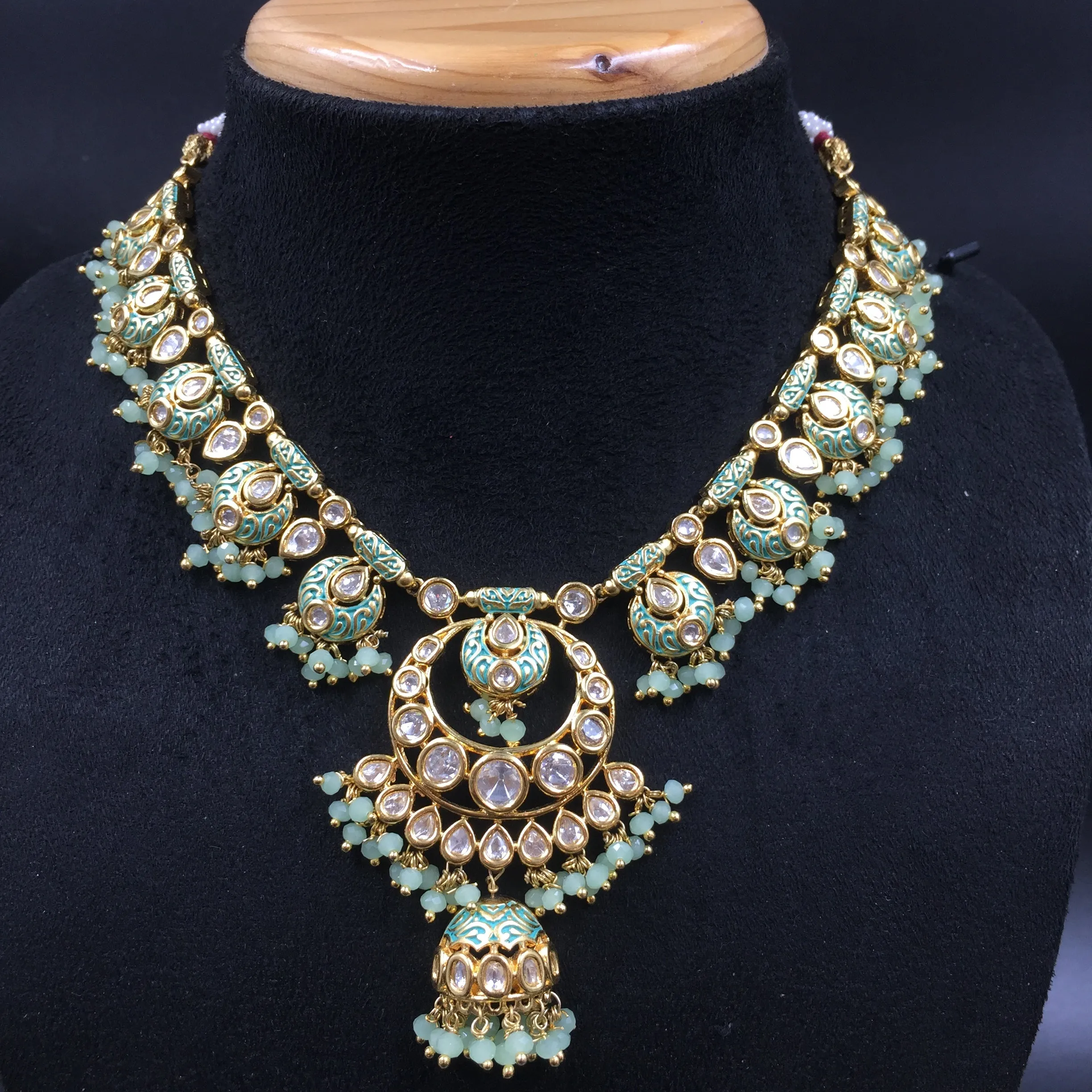 Designer kundan necklace set with meenakari work and paired jhumki