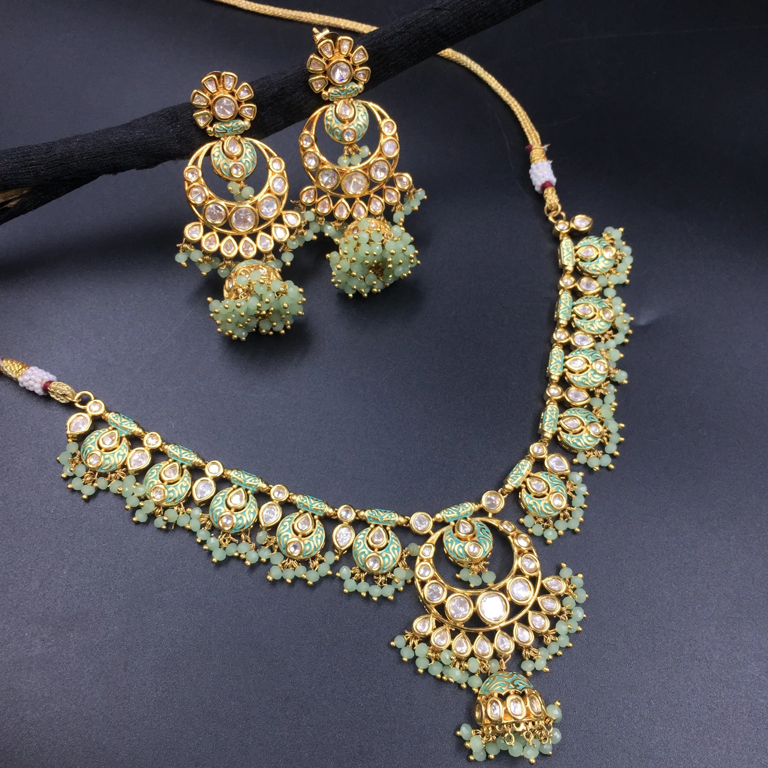 Designer kundan necklace set with meenakari work and paired jhumki