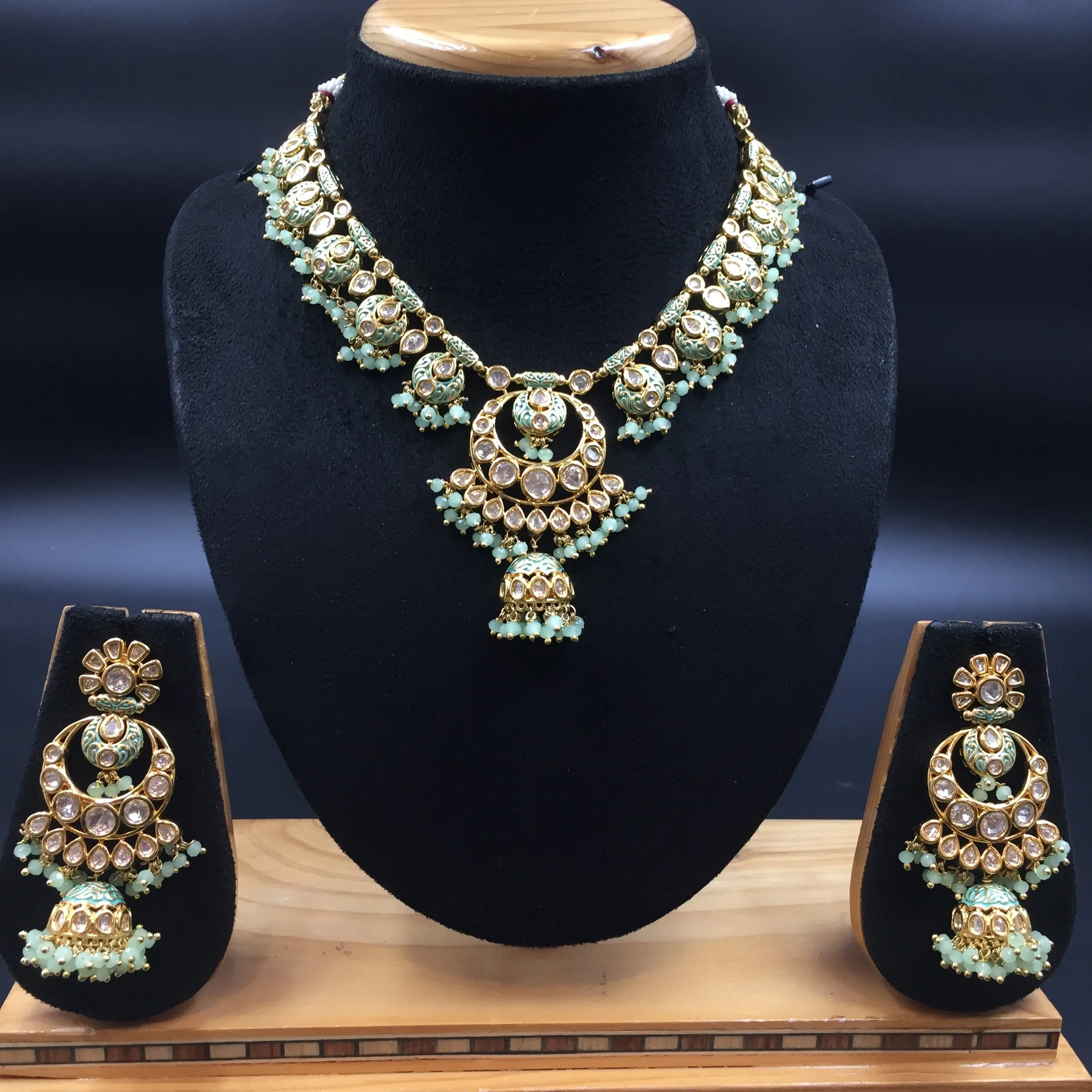 Designer kundan necklace set with meenakari work and paired jhumki