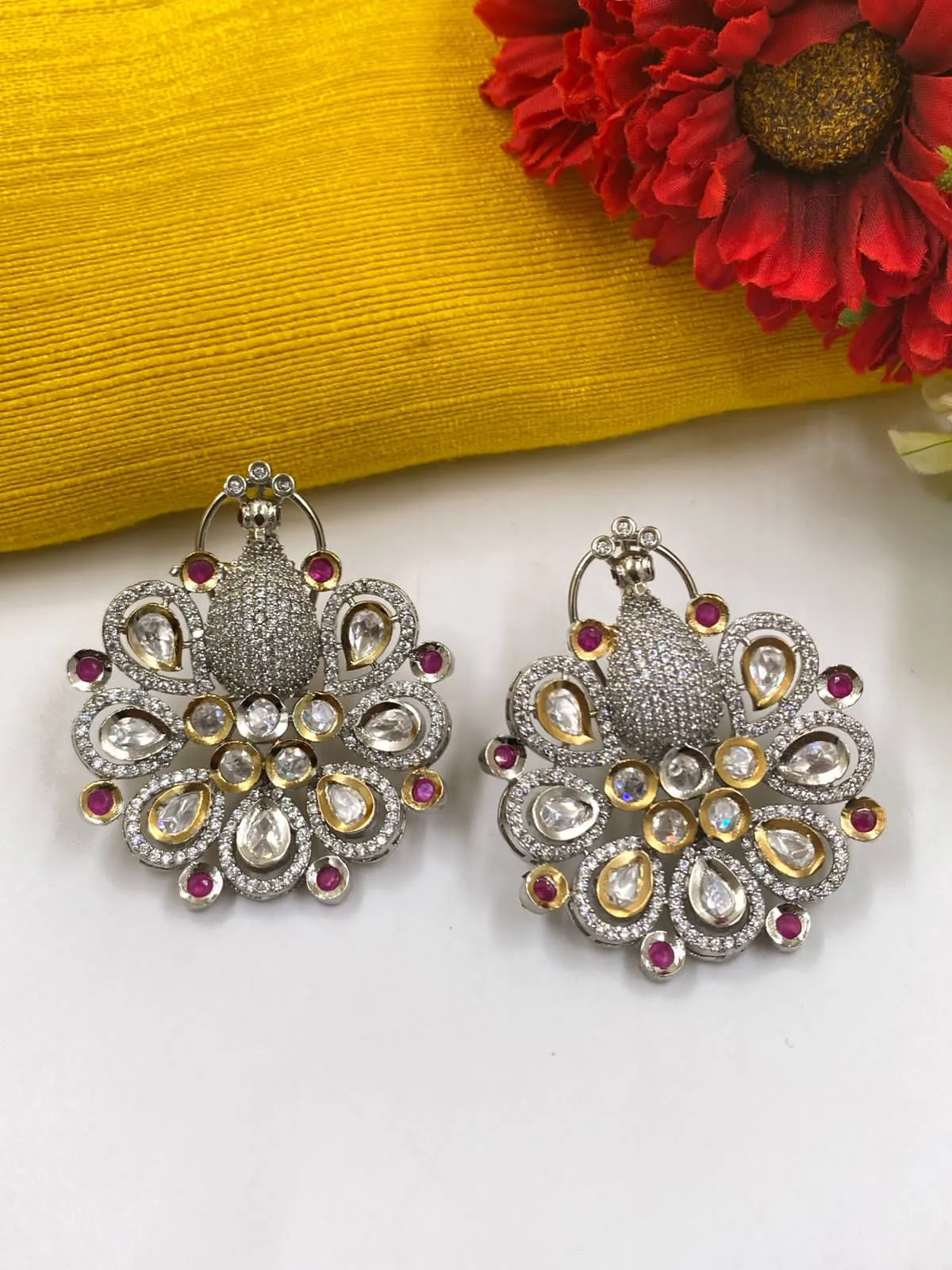 Designer Silver Plated Peacock Design AD Earrings For Ladies By Gehna Shop