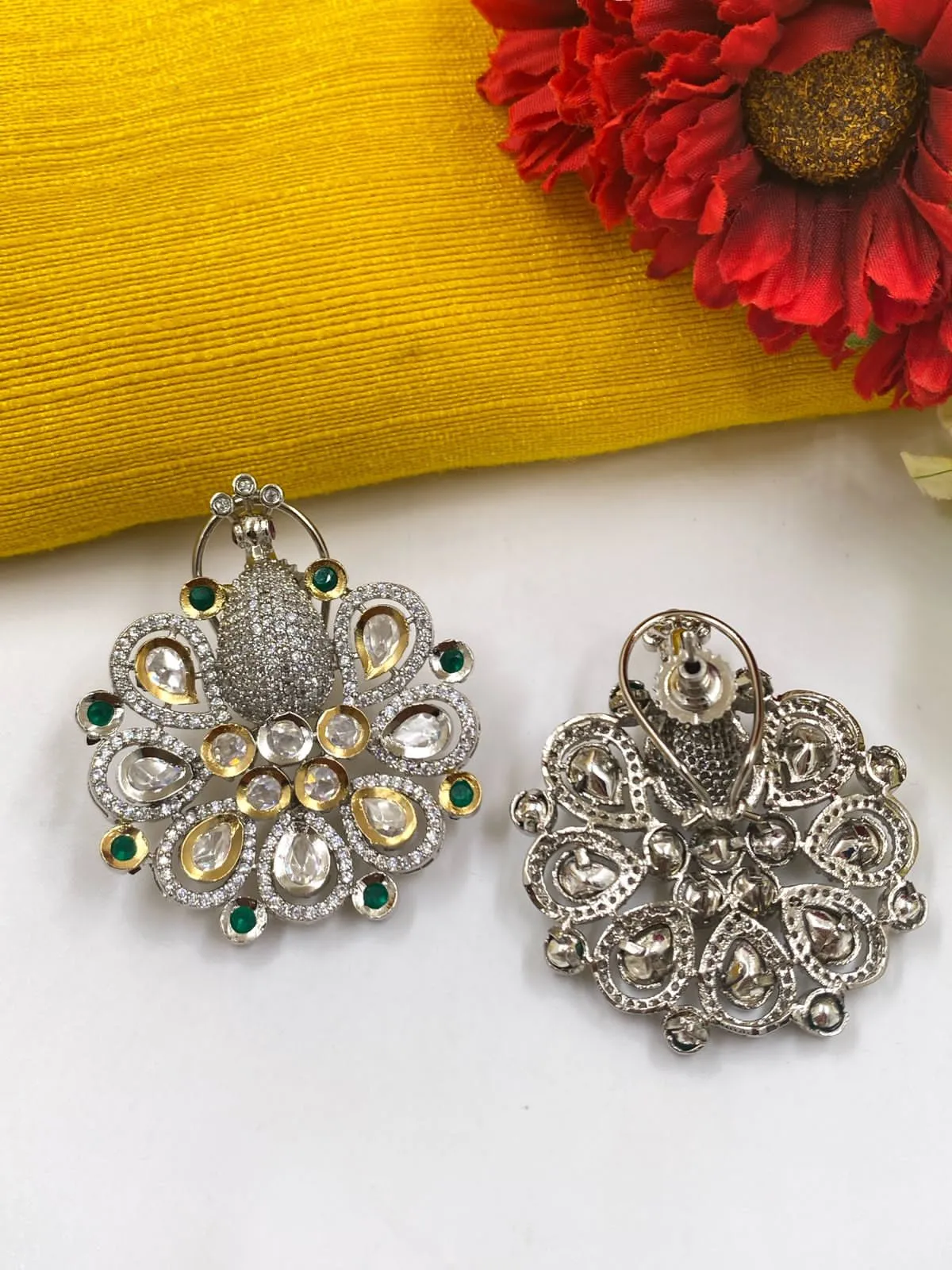 Designer Silver Plated Peacock Design AD Earrings For Ladies By Gehna Shop