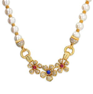 Diamond and Pearl Floral Necklace