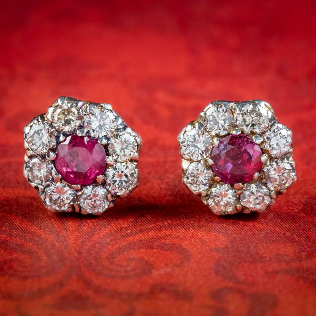Edwardian Style Ruby Diamond Cluster Stud Earrings 0.50ct Of Ruby